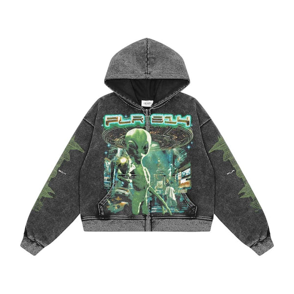 Floor 914 Alien Invasion Zip Up Hoodie Faded Grey Green