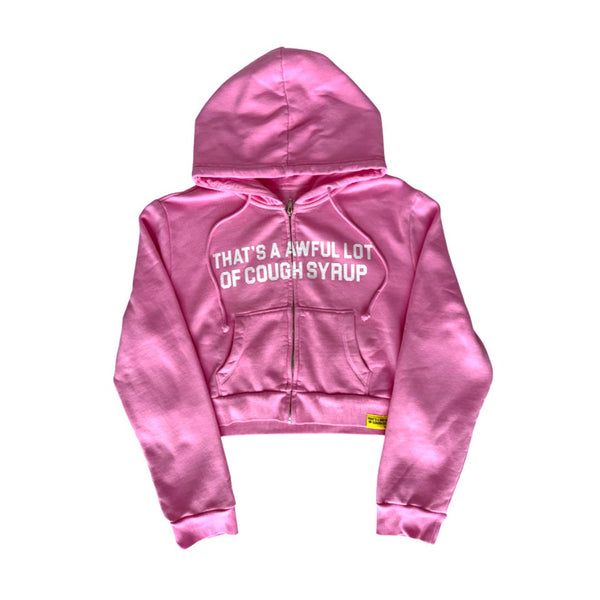 Awful Lot of Cough Syrup Cropped Zip Up Hoodie Pink