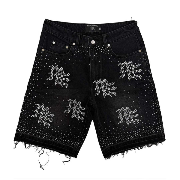 Mixed Emotions ME Rhinestone Denim Shorts Black