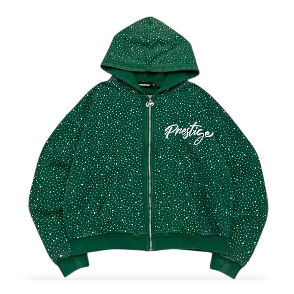 Prestige Diamond Rhinestone Zip Up Hoodie Green