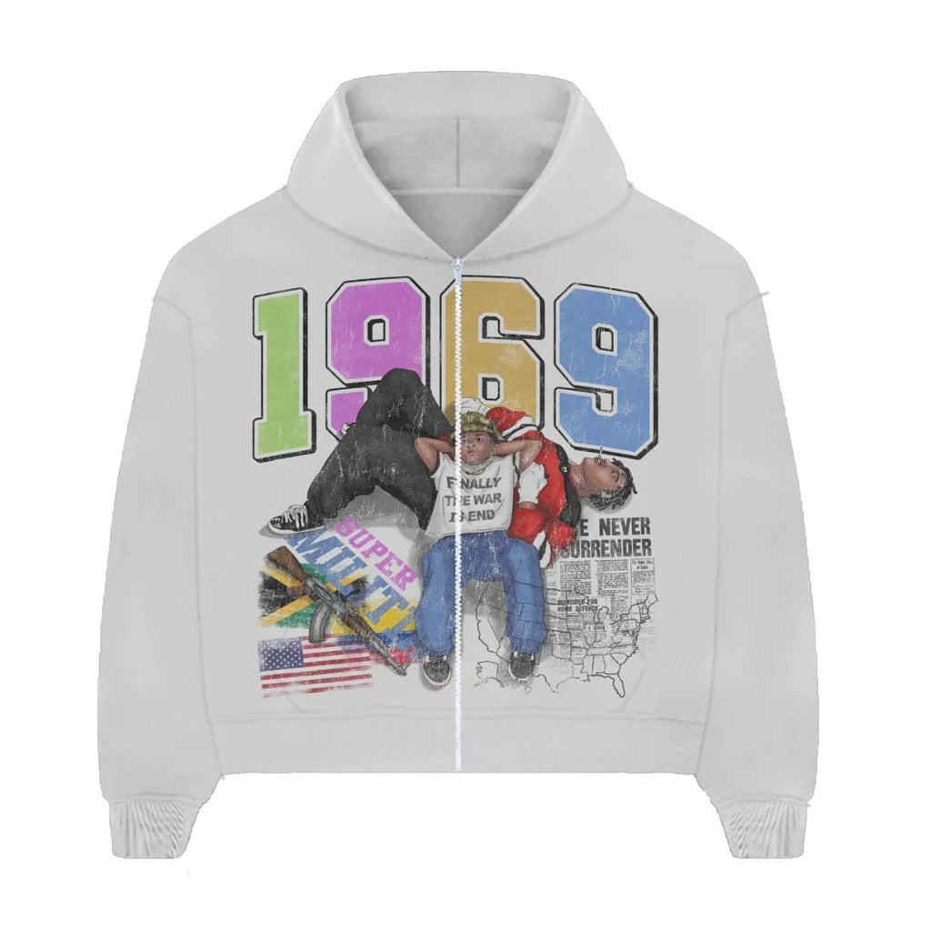 Prestige War Has Ended Zip Up Hoodie White Multi Color