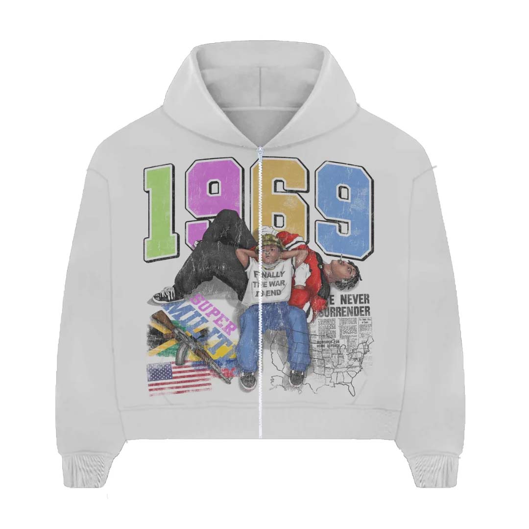 Prestige War Has Ended Zip Up Hoodie White Multi Color