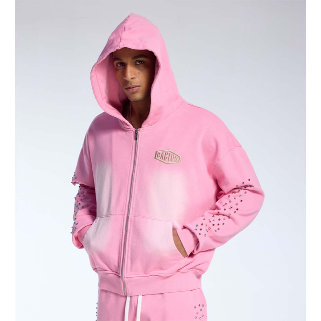 Cactus Valley Crystal Cactus Zip Hoodie Pink