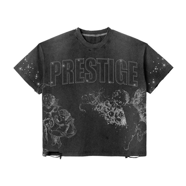 Prestige Distress Angel Rhinestone Faded Black Tee