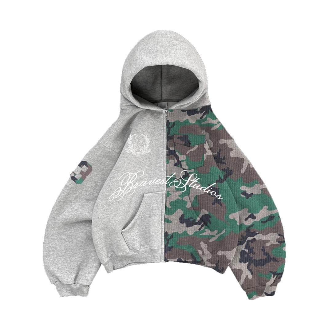 Bravest Studios Half Camo Zip Up Hoodie Grey