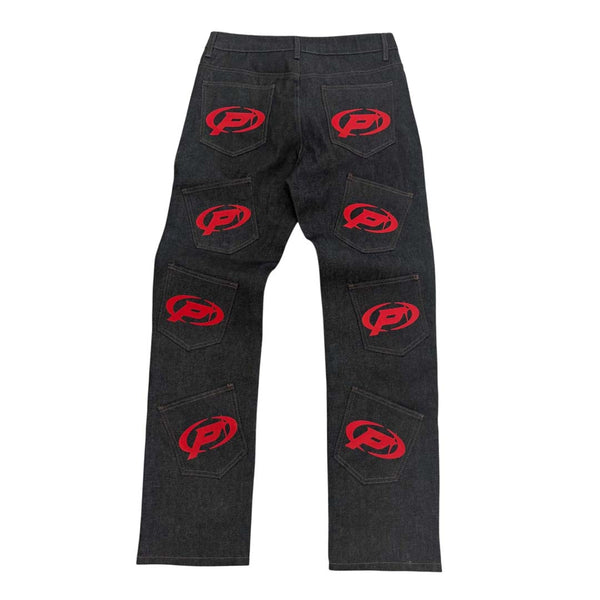 Prestige P Logo Denim Jeans Black Red Pockets