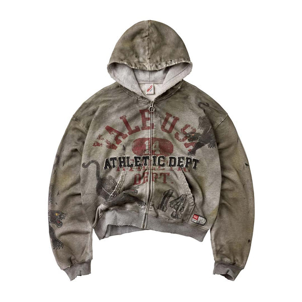 Vale Forever Varsity Zip Up Hoodie Distressed Grey Red