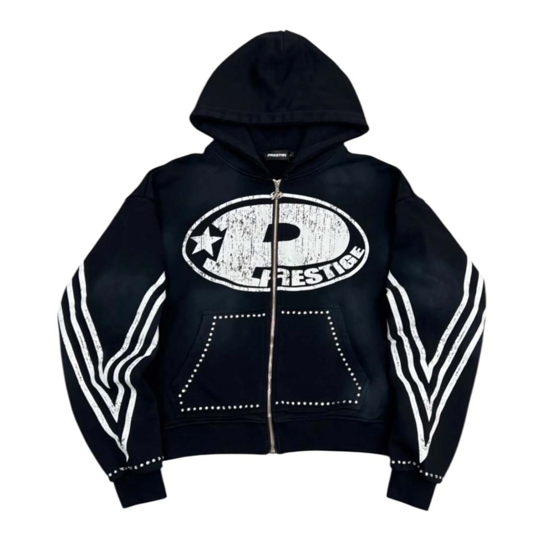 Prestige P Logo Rhinestone Zip Up Hoodie Black