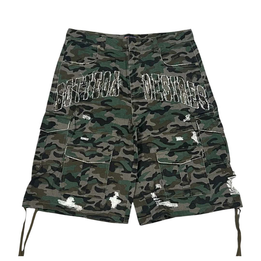Bottega Desires Camo Cargo Distressed Shorts