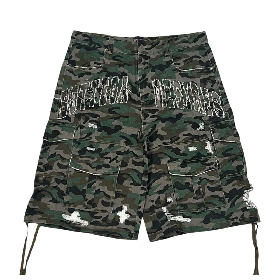 Bottega Desires Camo Cargo Distressed Shorts