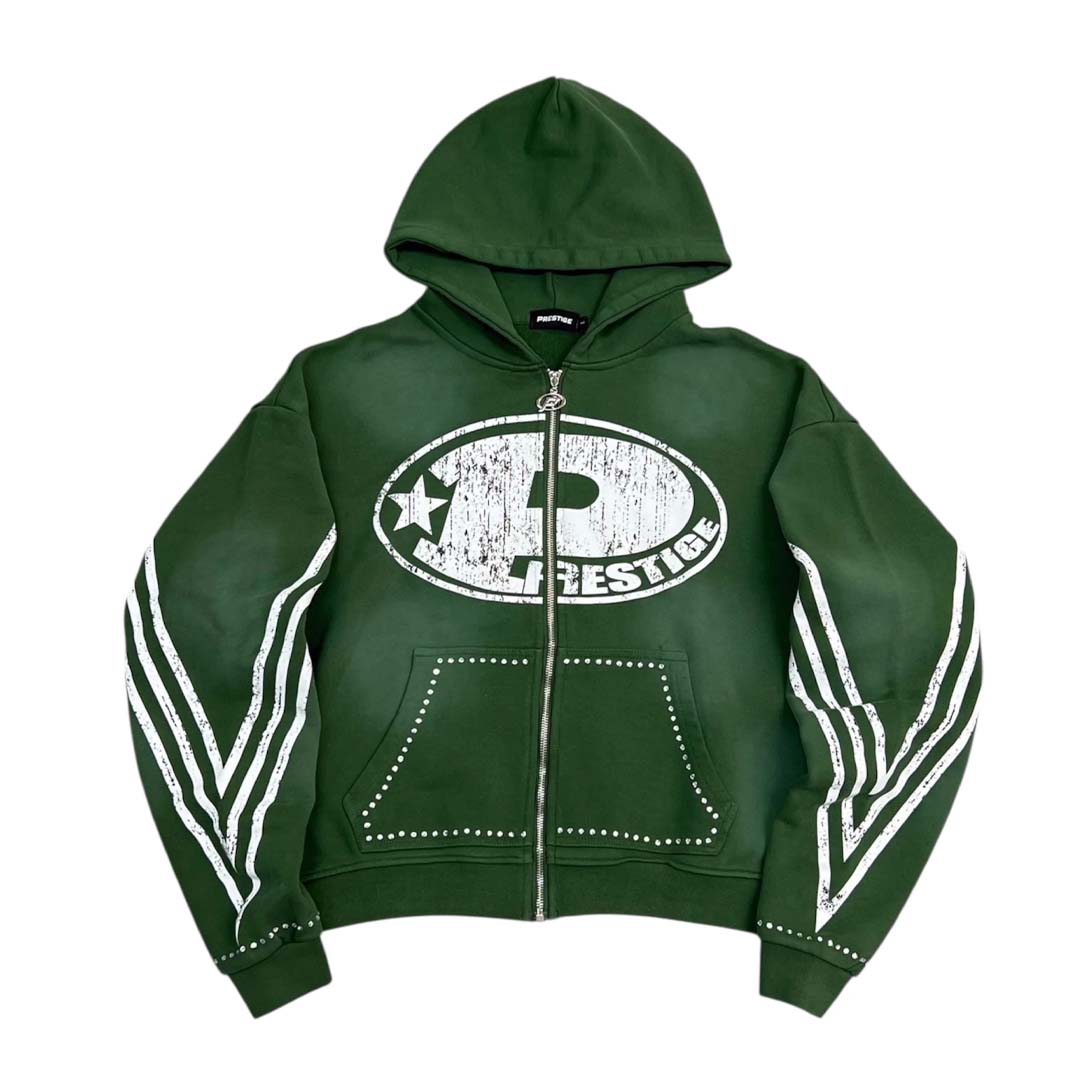 Prestige P Logo Rhinestone Zip Up Hoodie Green
