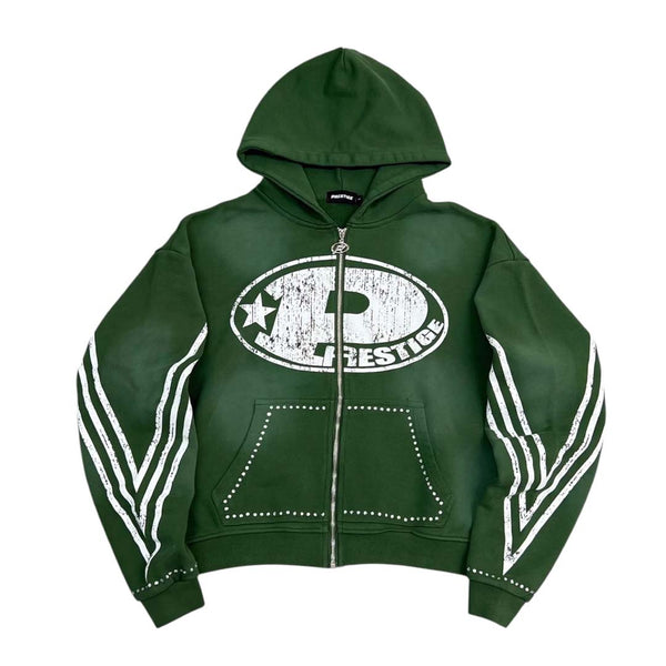 Prestige P Logo Rhinestone Zip Up Hoodie Green