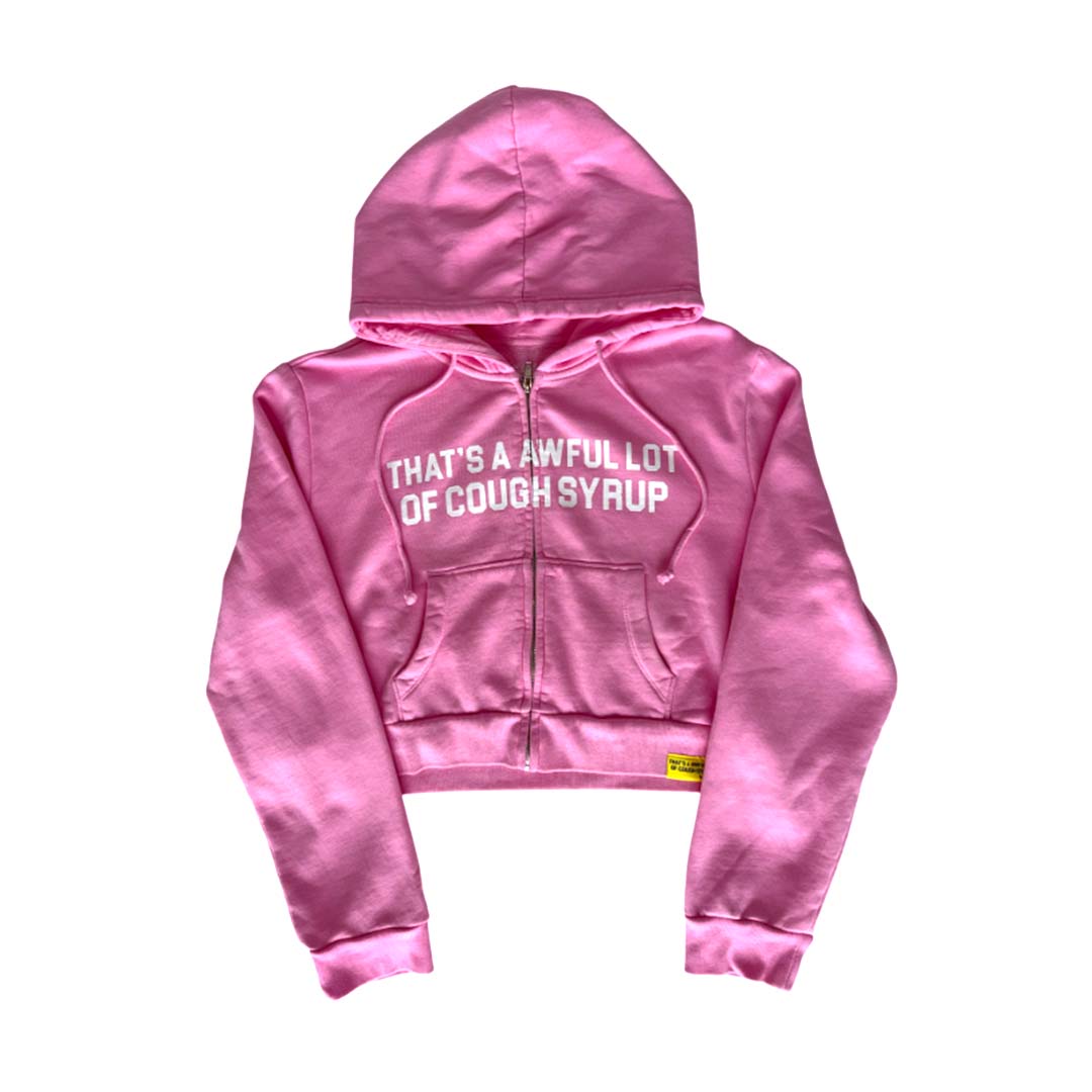 Awful Lot of Cough Syrup Cropped Zip Up Hoodie Pink