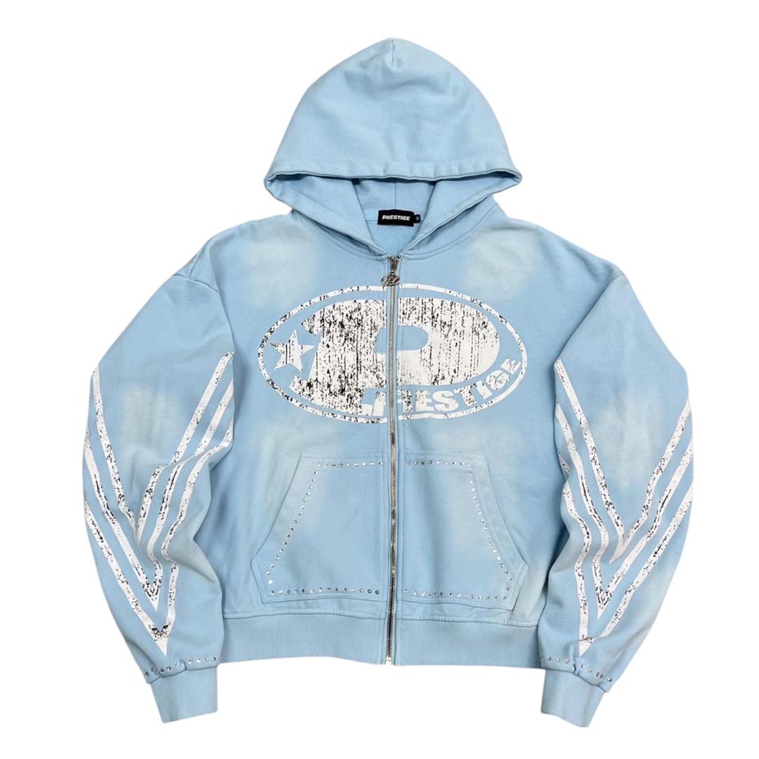 Prestige P Logo Rhinestone Zip Up Hoodie Sky Blue