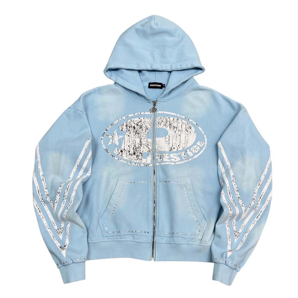 Prestige P Logo Rhinestone Zip Up Hoodie Sky Blue