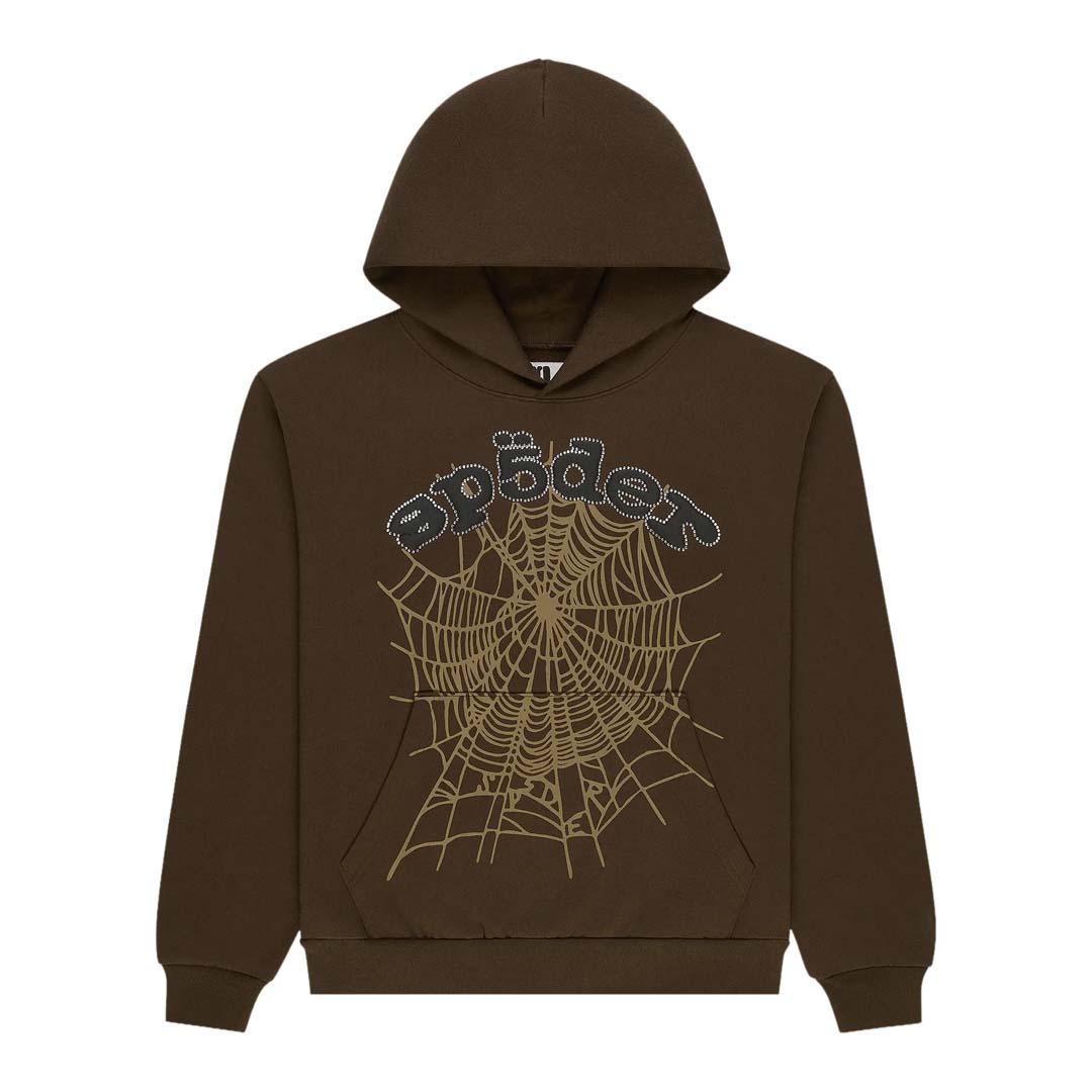 Sp5der OG Web Rhinestone Hoodie Brown