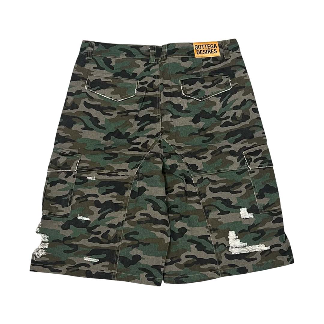 Bottega Desires Camo Cargo Distressed Shorts