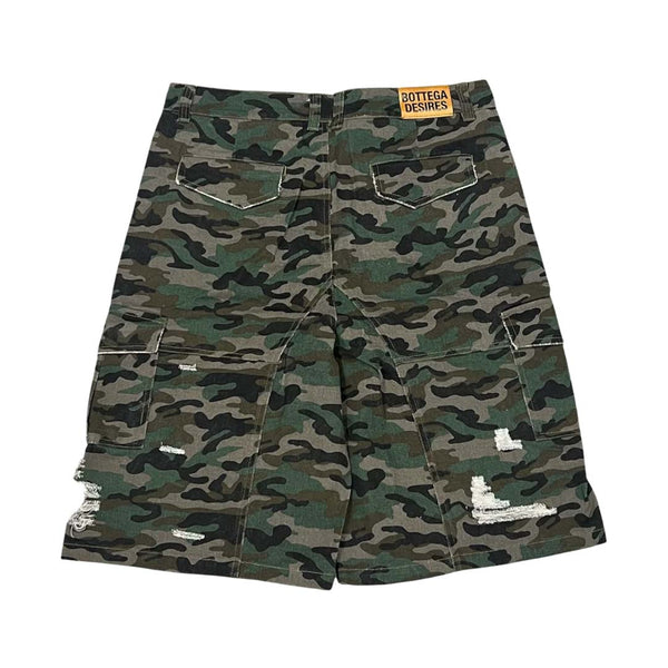 Bottega Desires Camo Cargo Distressed Shorts