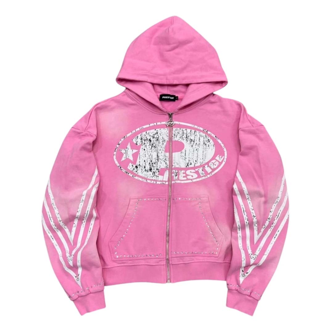 Prestige P Logo Rhinestone Zip Up Hoodie Pink