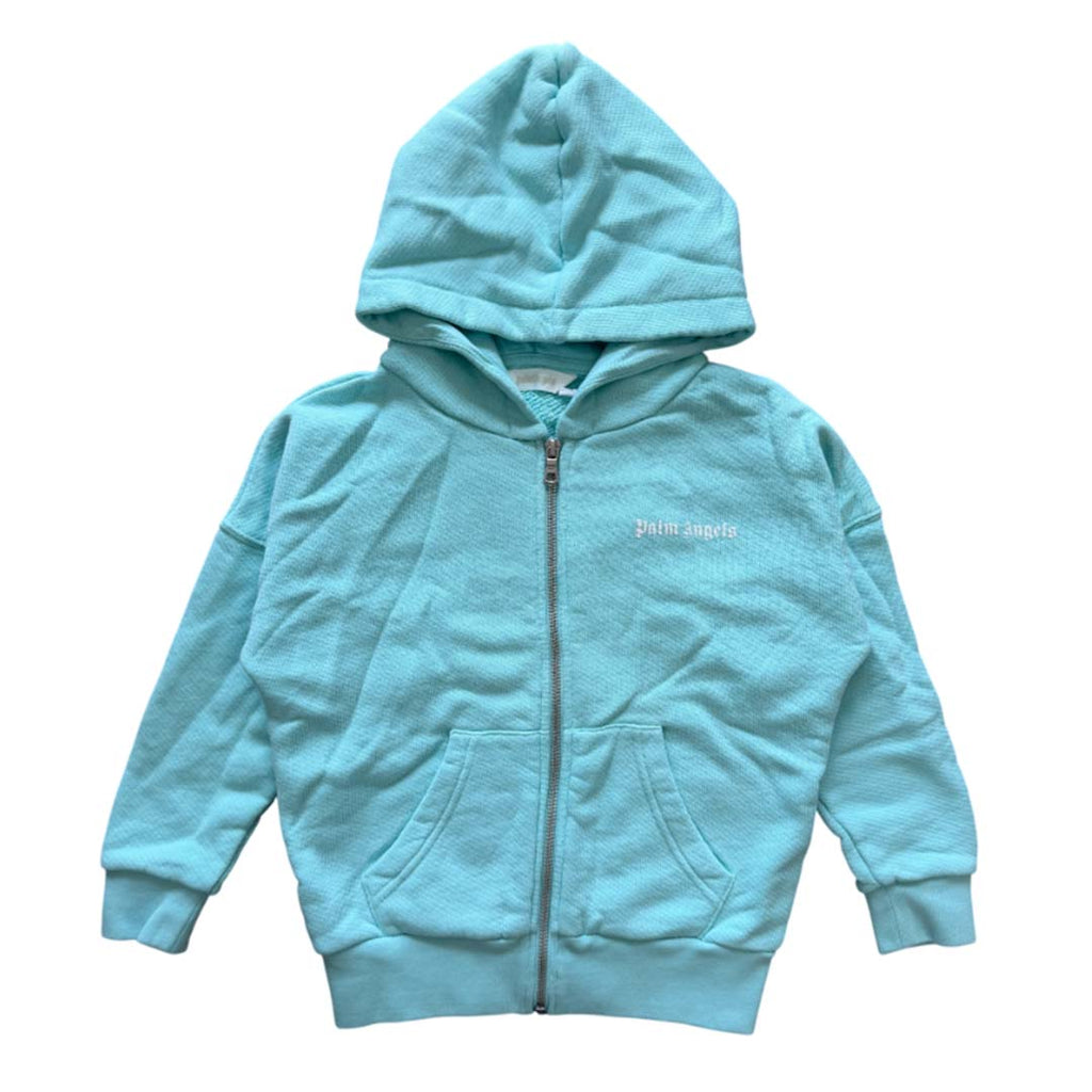 Palm Angels KIDS Over Logo Cotton Zip Hoodie Light Blue White