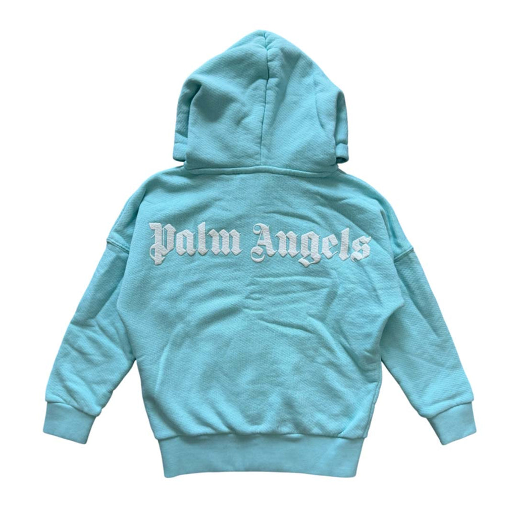 Palm Angels KIDS Over Logo Cotton Zip Hoodie Light Blue White