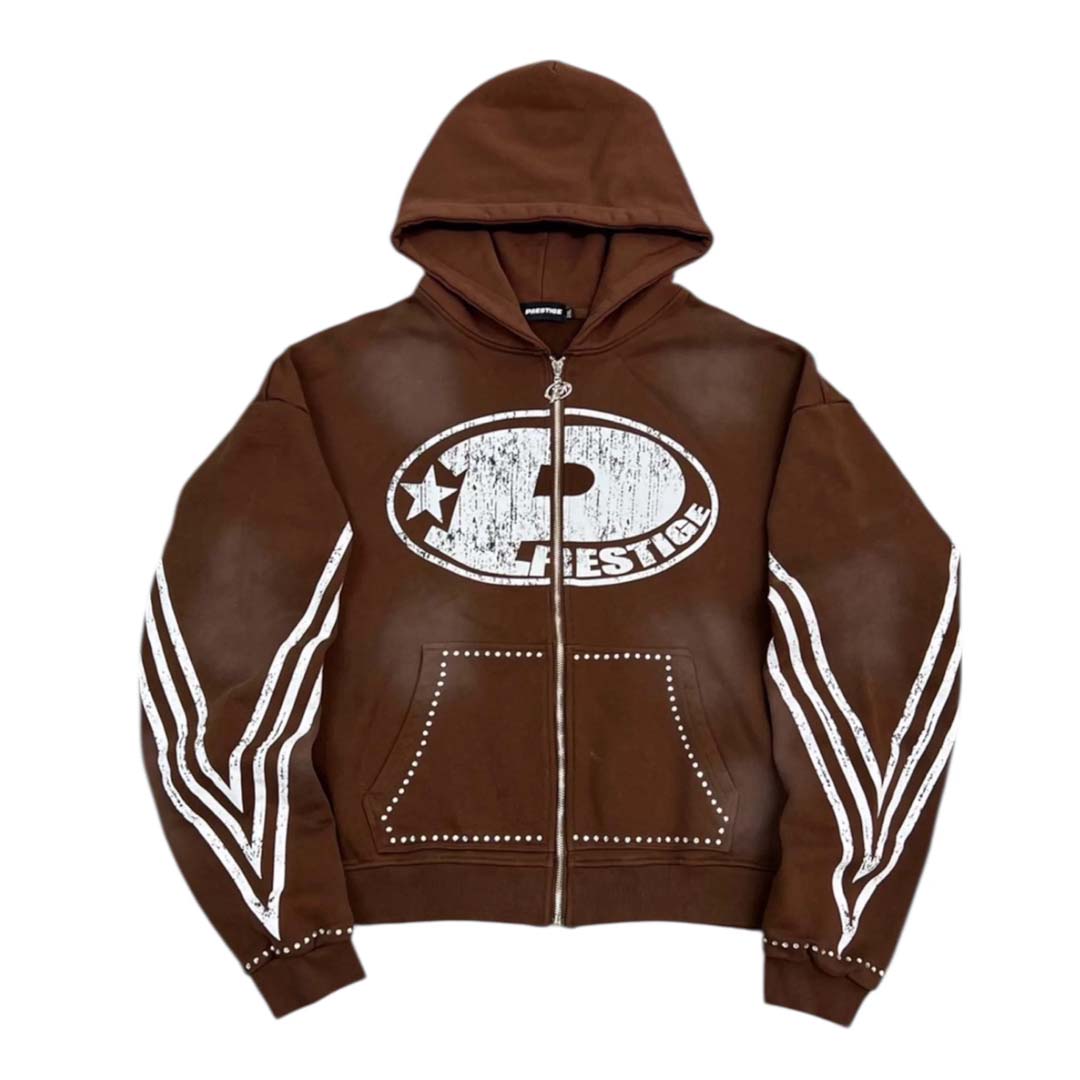 Prestige P Logo Rhinestone Zip Up Hoodie Brown