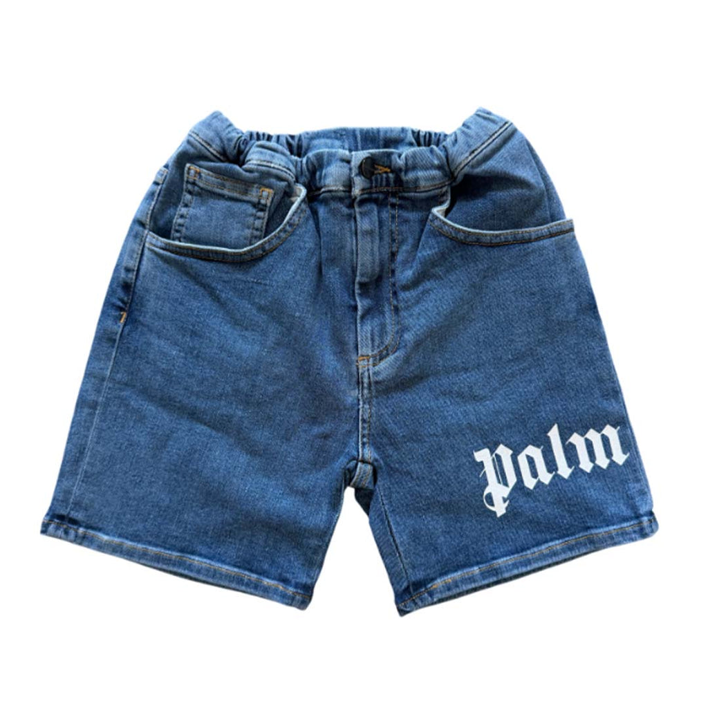 Palm Angels KIDS Logo Over Denim Shorts Blue White