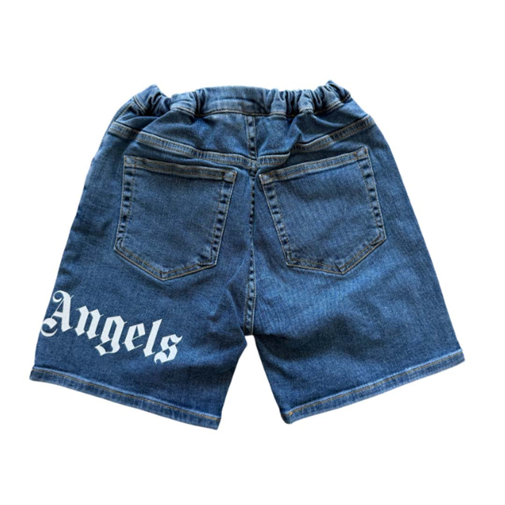 Palm Angels KIDS Logo Over Denim Shorts Blue White