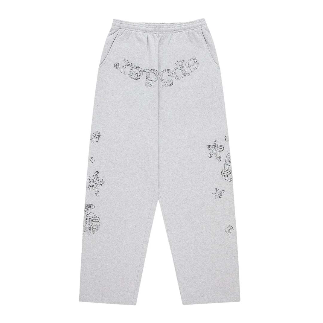 Sp5der Rhinestone Beluga V2 Wide Leg Sweatpants Heather Grey