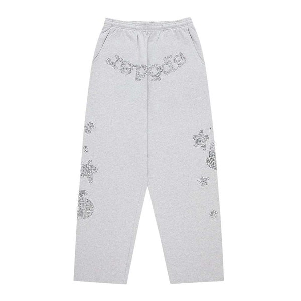 Sp5der Rhinestone Beluga V2 Wide Leg Sweatpants Heather Grey