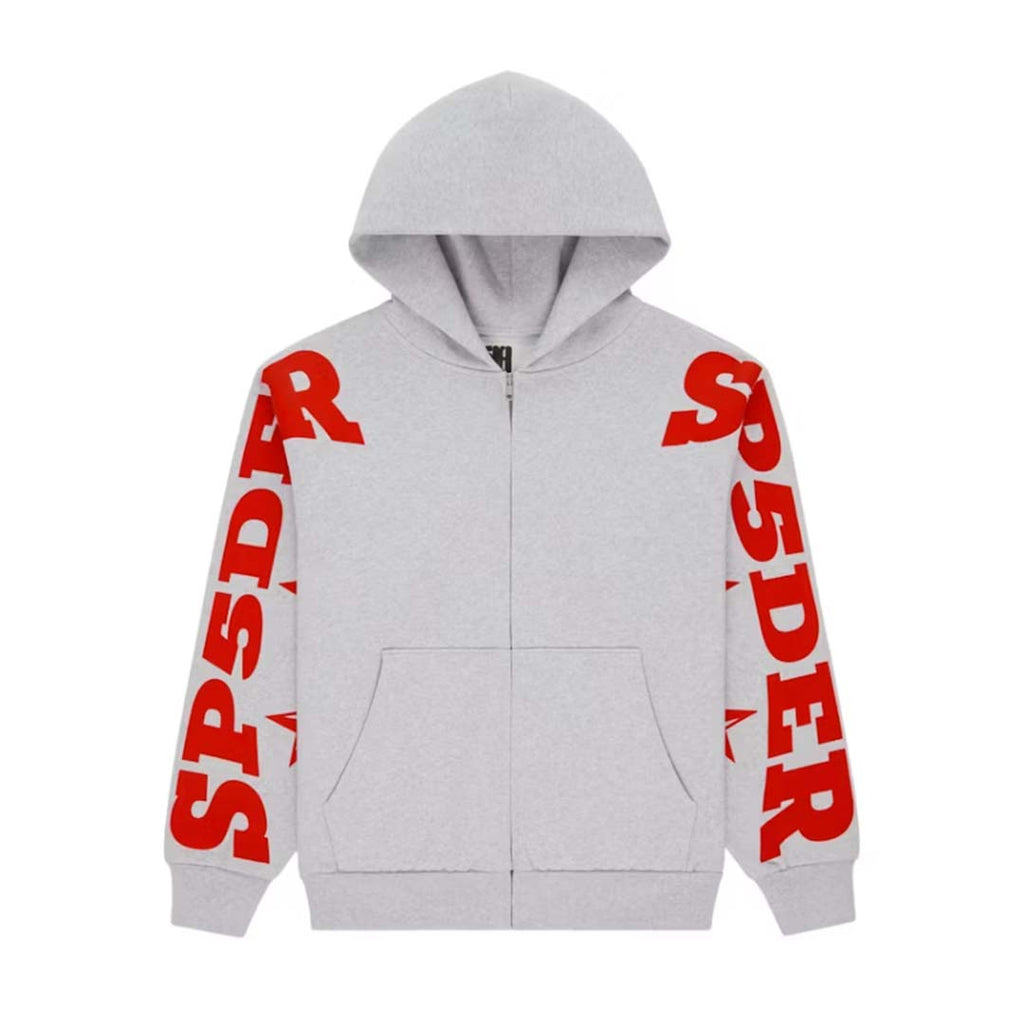 Sp5der MX555 Zip Hoodie Heather Grey Red