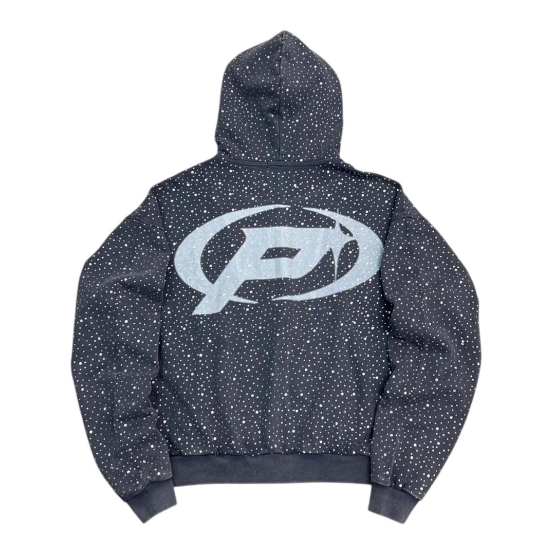 Prestige Diamond Rhinestone Zip Up Hoodie Blue