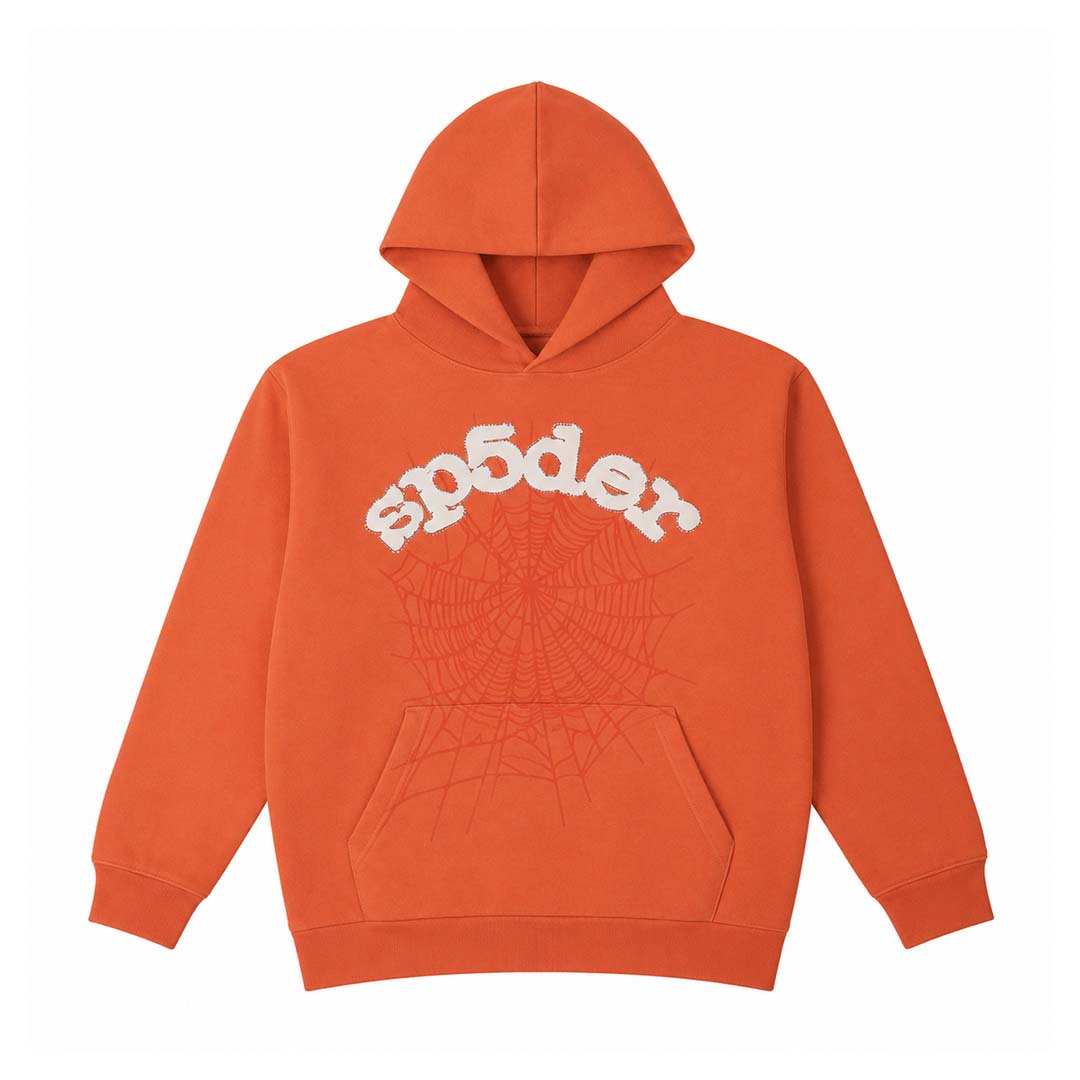 Sp5der Orange Web Rhinestone Hoodie