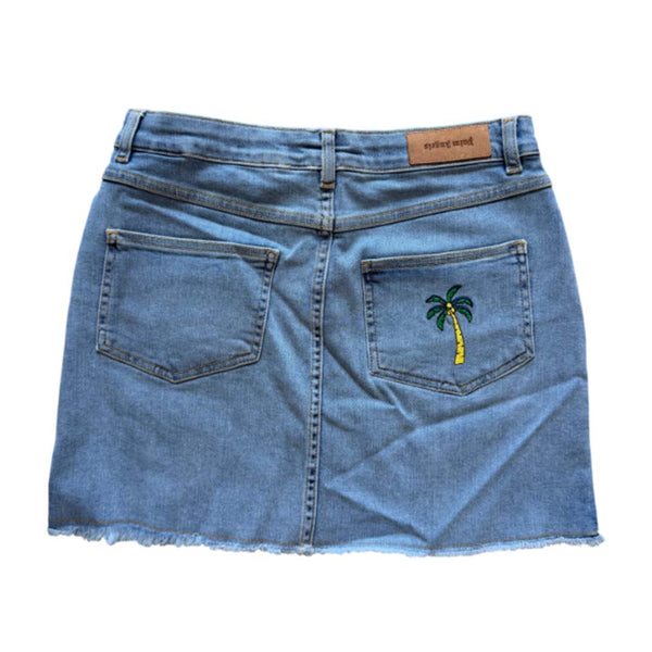 Palm Angels KIDS Denim Skirt Light Blue Green Palm Tree