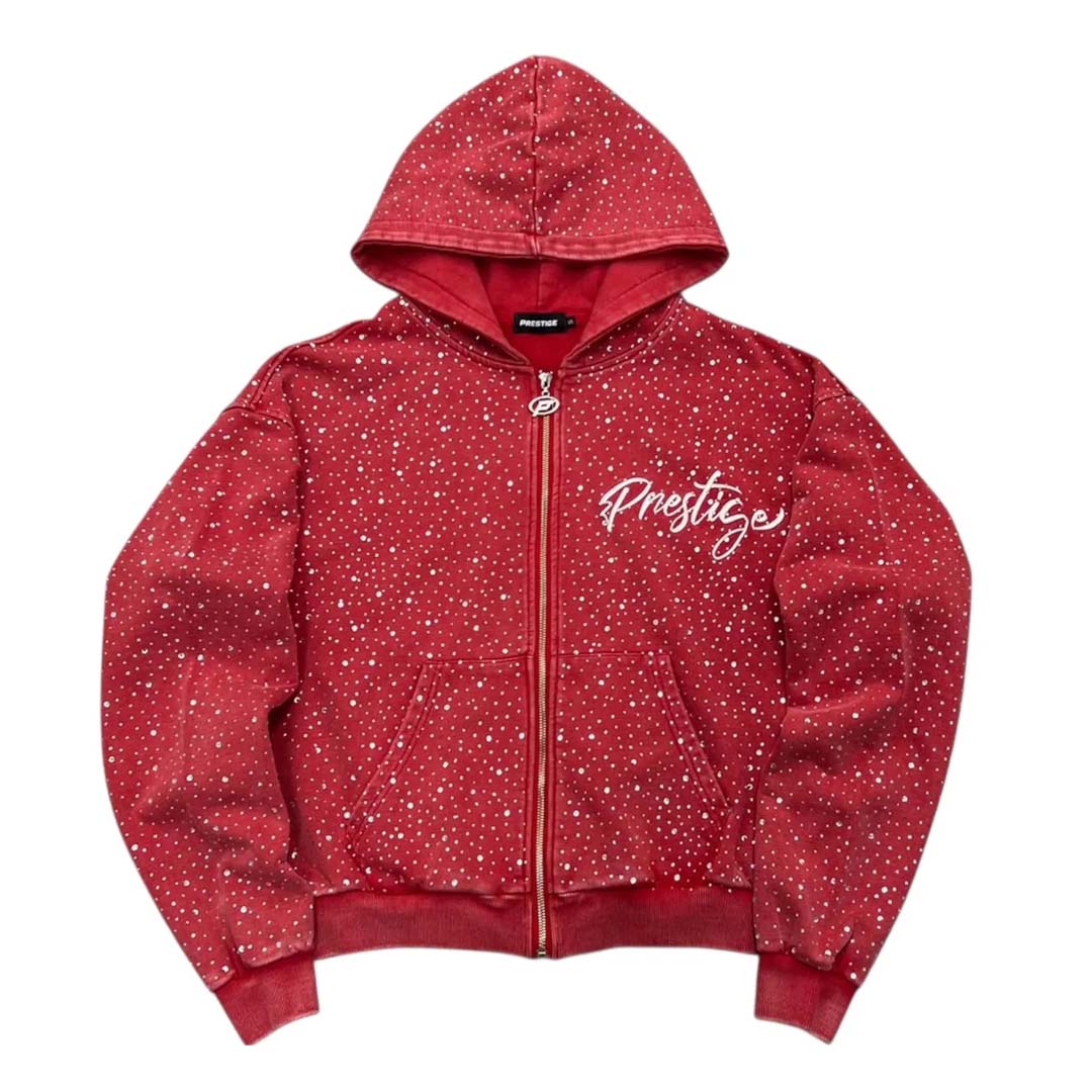 Prestige Diamond Rhinestone Zip Up Hoodie Red