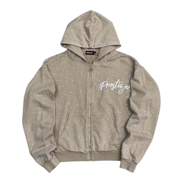 Prestige Diamond Rhinestone Zip Up Hoodie Tan