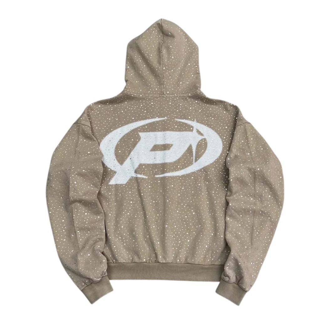 Prestige Diamond Rhinestone Zip Up Hoodie Tan