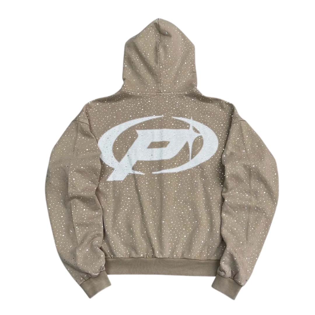 Prestige Diamond Rhinestone Zip Up Hoodie Tan