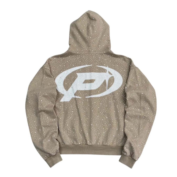 Prestige Diamond Rhinestone Zip Up Hoodie Tan