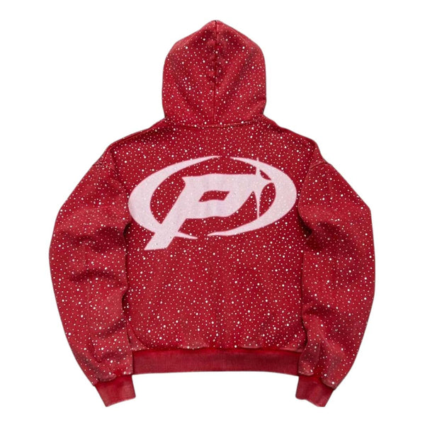 Prestige Diamond Rhinestone Zip Up Hoodie Red
