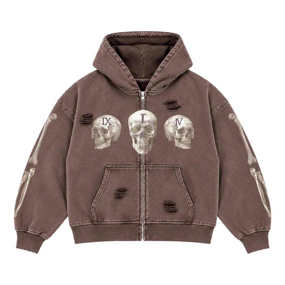 Floor 914 Skull Zip Hoodie Brown Wash