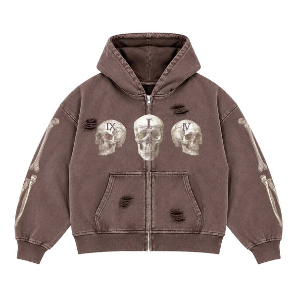 Floor 914 Skull Zip Hoodie Brown Wash