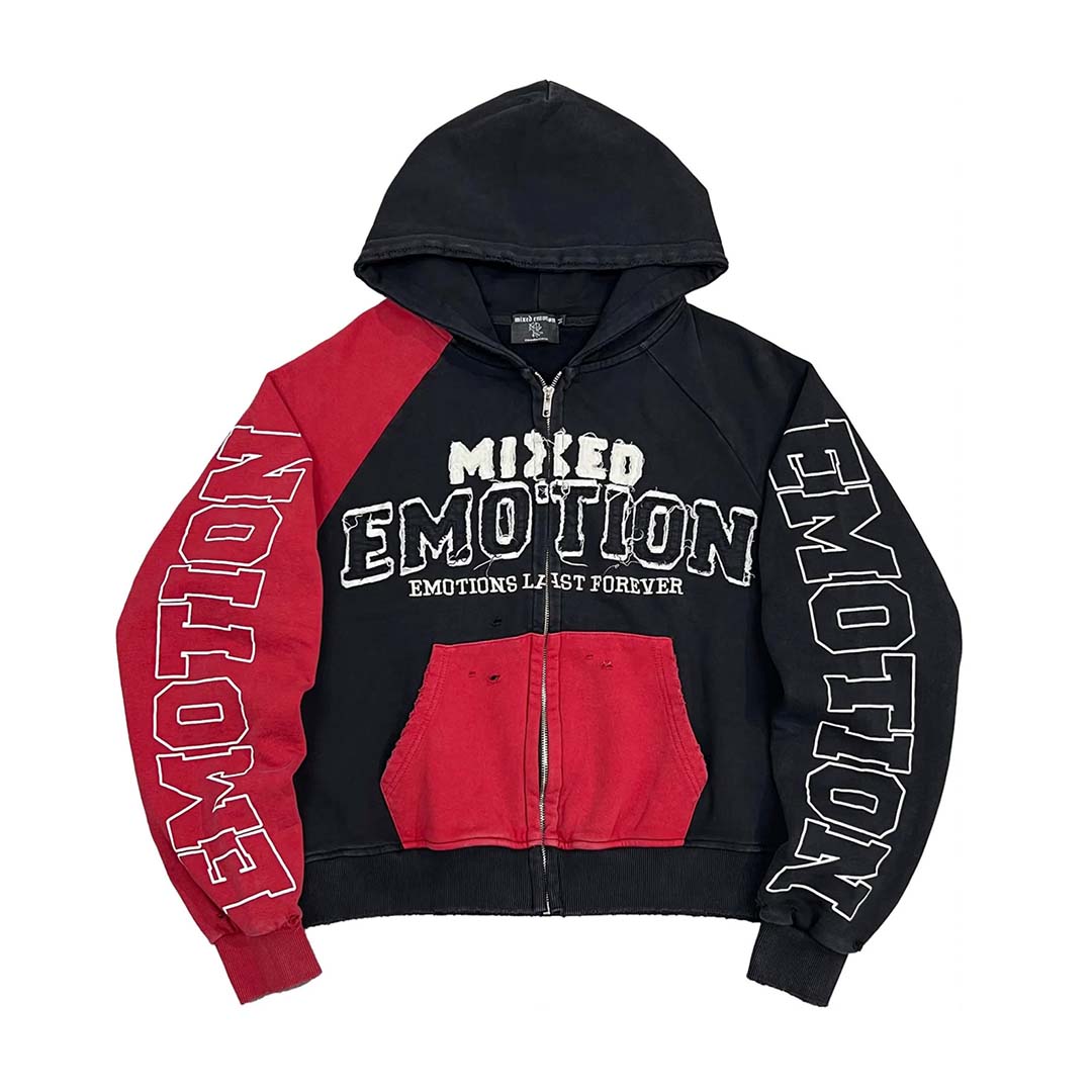 Mixed Emotions Split Zip Up Hoodie Black Red