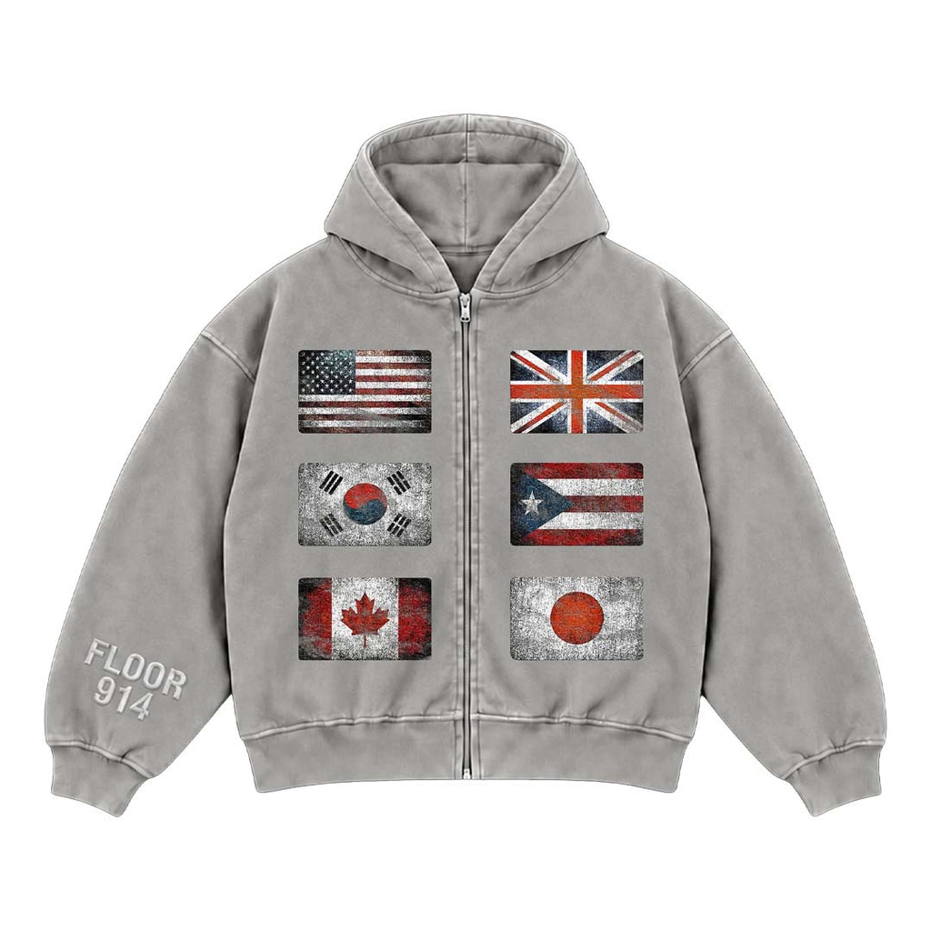 Floor 914 Flag Zip Up Hoodie Grey