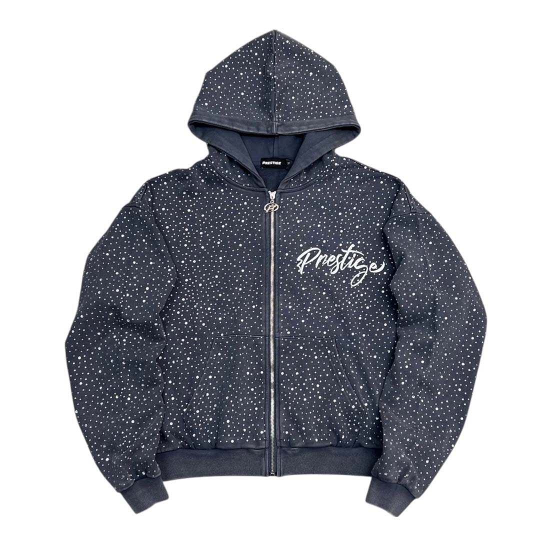 Prestige Diamond Rhinestone Zip Up Hoodie Blue