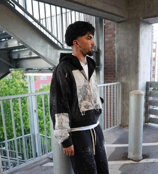 Righteous Divine Canvas Zip Up Jacket Rhinestone Black