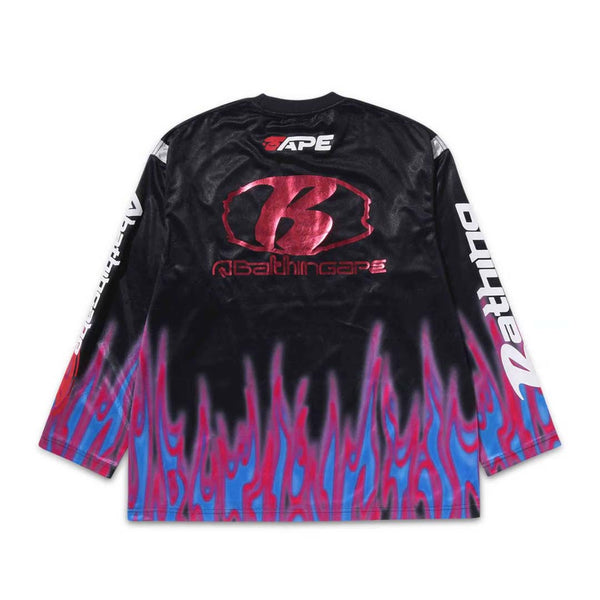 Bape Flame Pattern Multi Logo Relaxed Fit Football Jersey Black Pink Blue by Bape - NWAHYPE No.1 for streetwear T-Shirts in USA