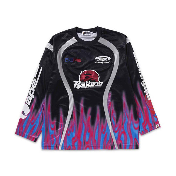 Bape Flame Pattern Multi Logo Relaxed Fit Football Jersey Black Pink Blue by Bape - NWAHYPE No.1 for streetwear T-Shirts in USA