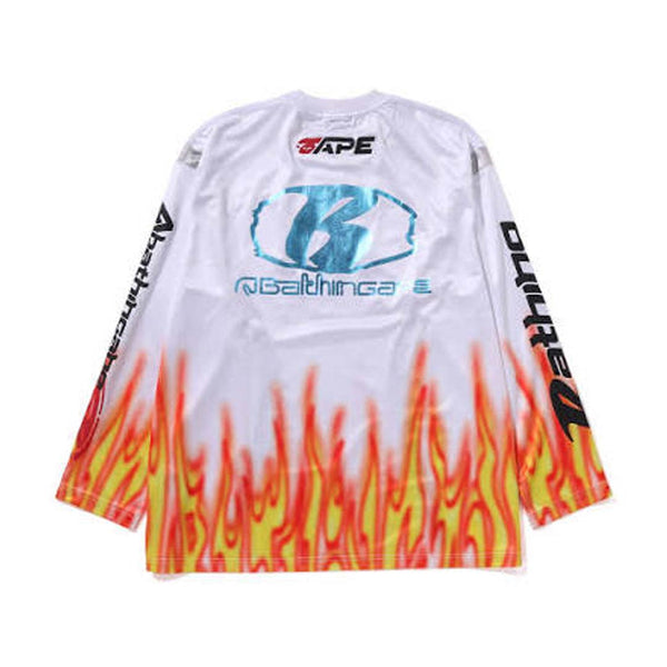 Bape Flame Pattern Multi Logo Relaxed Fit Football Jersey White Orange by Bape - NWAHYPE No.1 for streetwear T-Shirts in USA