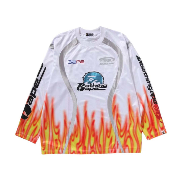 Bape Flame Pattern Multi Logo Relaxed Fit Football Jersey White Orange by Bape - NWAHYPE No.1 for streetwear T-Shirts in USA